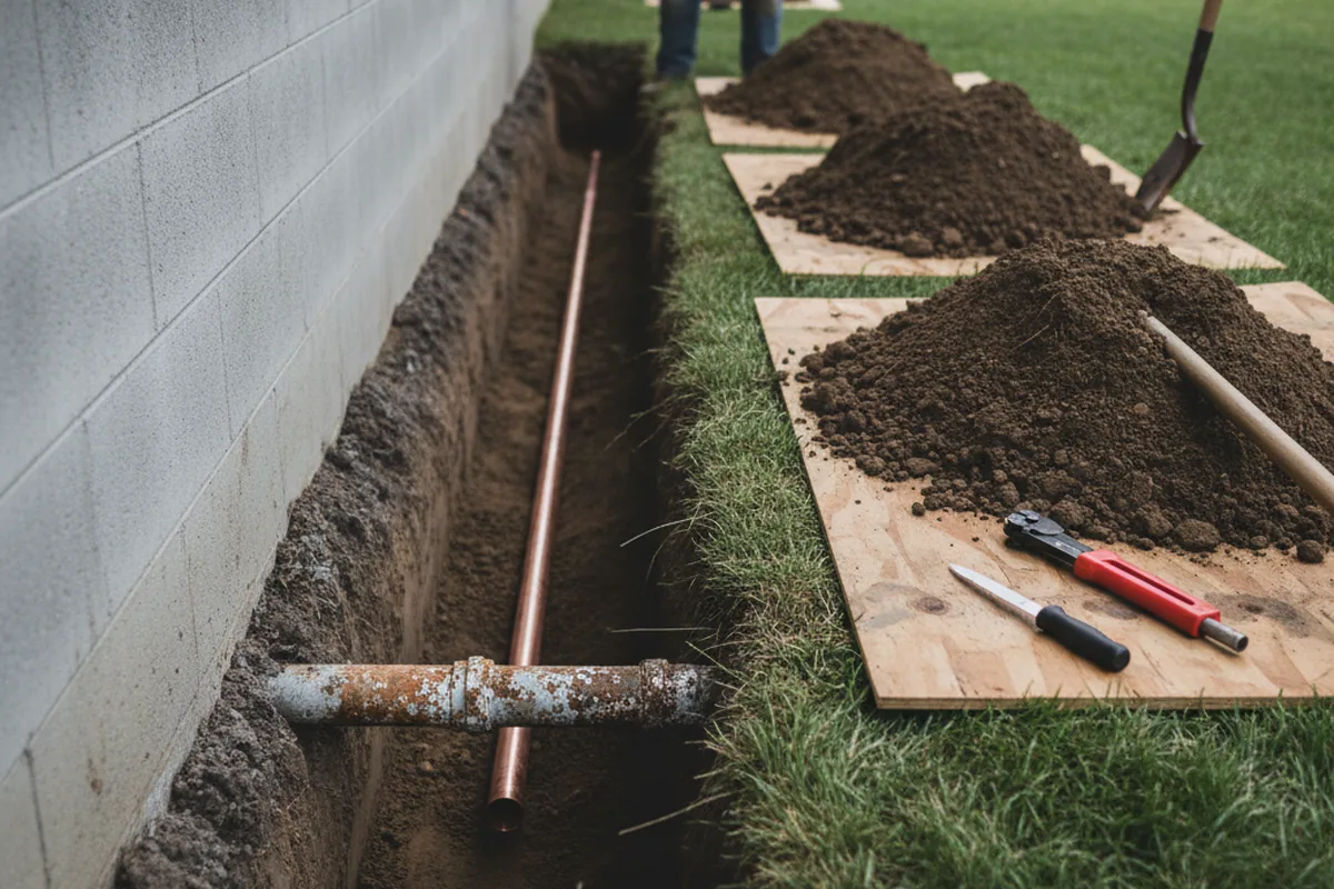 Excavated water line trench during Water Heater Repair in Northwood